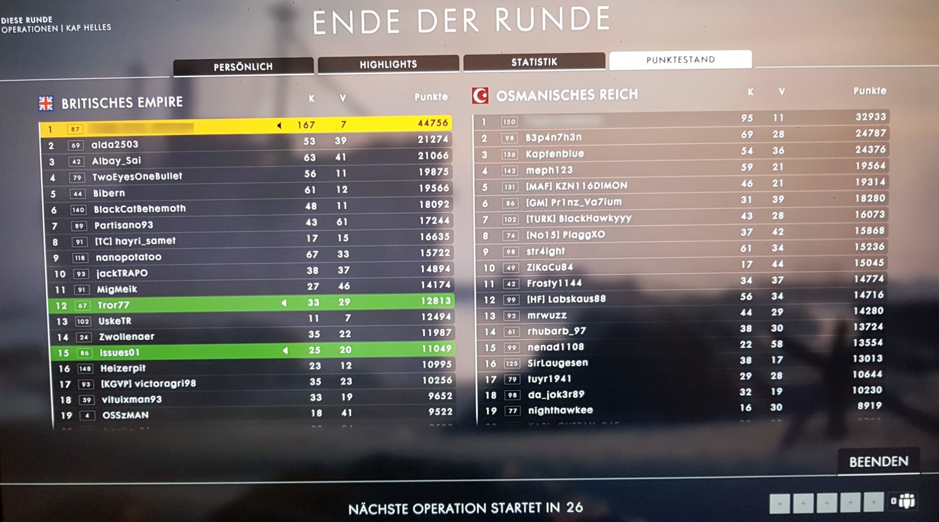 Battlefield 1 Rundenende, Operationen auf Kap Helles: Platz 1 mit 167 Kills, 7 Toden und 44.756 Punkten